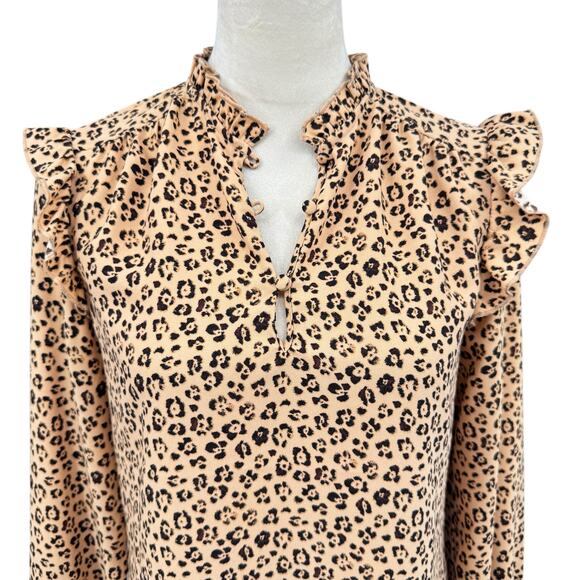 Rachel Parcell Leopard Animal Print Long Sleeve Ruffle Shoulder V-neck Blouse - Picture 7 of 15